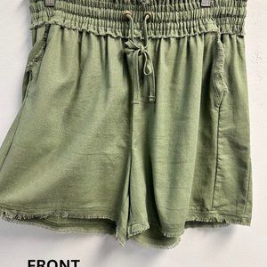 LINEN FRAYED HEM DRAWSTRING SHORTS WITH POCKETS-LT OLIVE